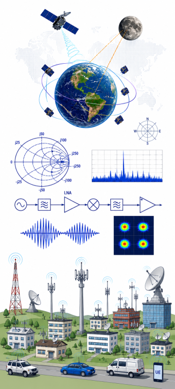 RF engineering illustration with satellites, Earth, Moon, spectrum analysis and signal-processing diagrams