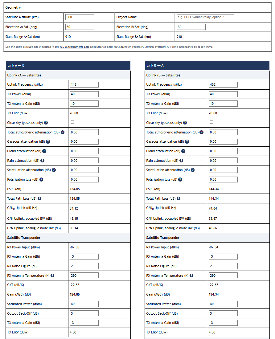 Screenshot of Satcom Link Budget
