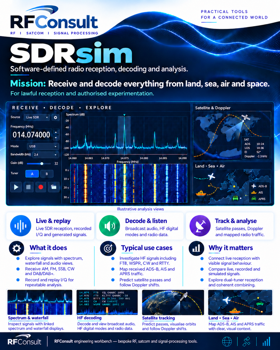 SDRsim showcase: spectrum and waterfall analysis, HF decoding, satellite tracking and ADS-B, AIS and APRS maps.